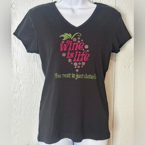Chris’S Stuff Black V-Neck Rhinestone Wine Is Life 100% Cotton Tee